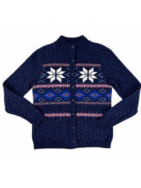 Lands' End Fair Isle Cardigan Sweater Women's M 10-12 Nordic Heavyweight Knit